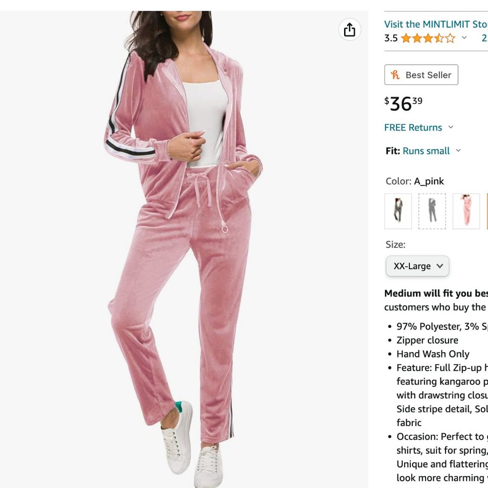 Fantasy Closet Women's 2 Piece Solid Velvet Tracksuit Set Striped Full Zip-up Ho